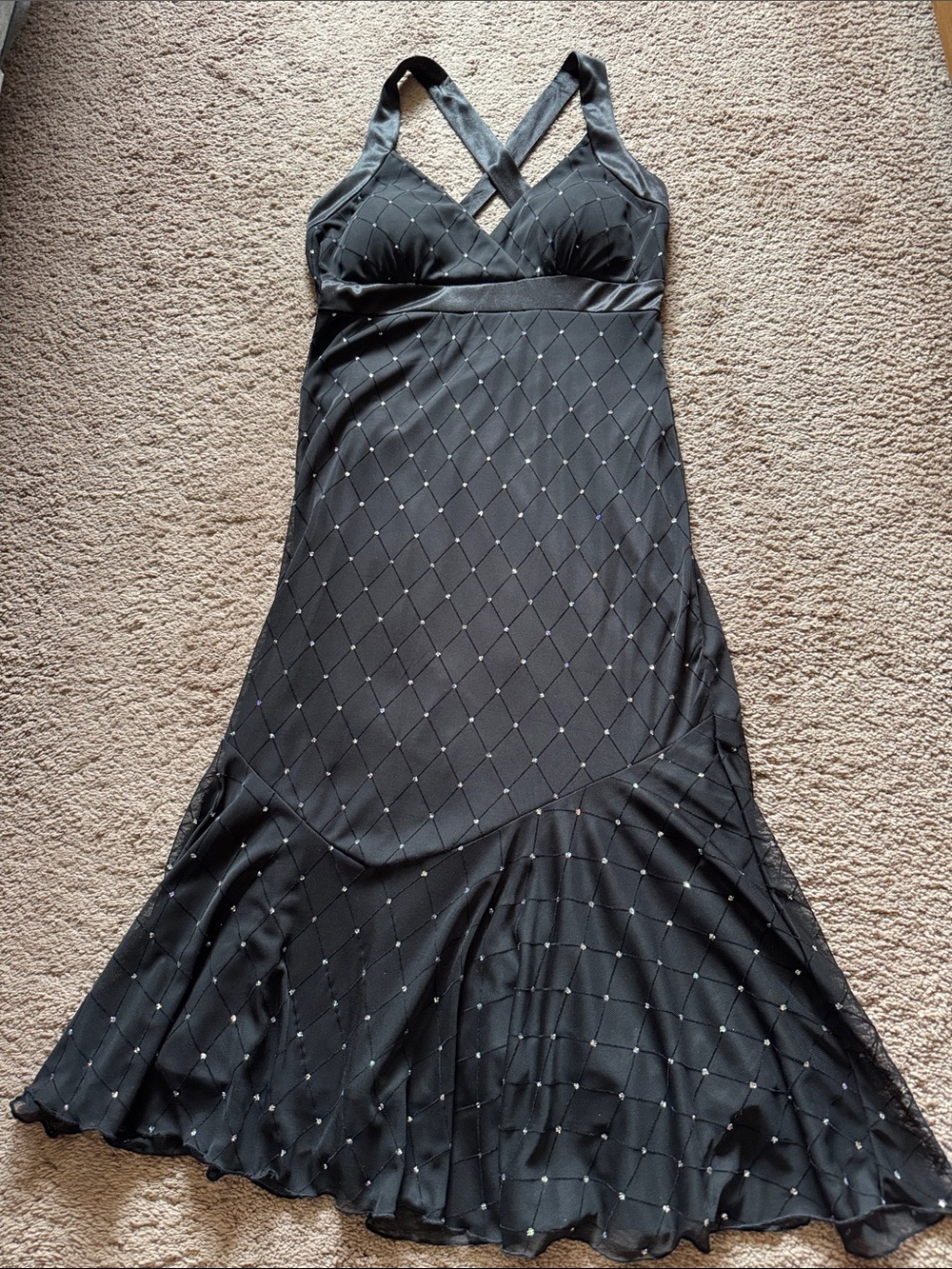 Dress Barn Black Babydoll Glitter Diamond Print Formal Midi Dress. Size 8 - Picture 4 of 11